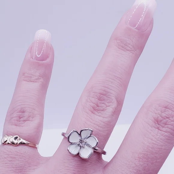 Flower Ring Genuine Diamond Ring White Enamel Ring 925 Sterling Silver Ring - Picture 4 of 8